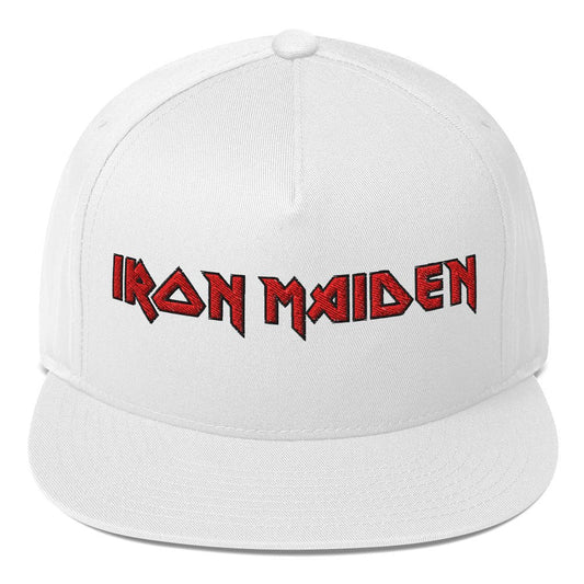 Officially licensed Iron Maiden HD embroidered logo snapback hat in white with red embroidered Iron Maiden logo.