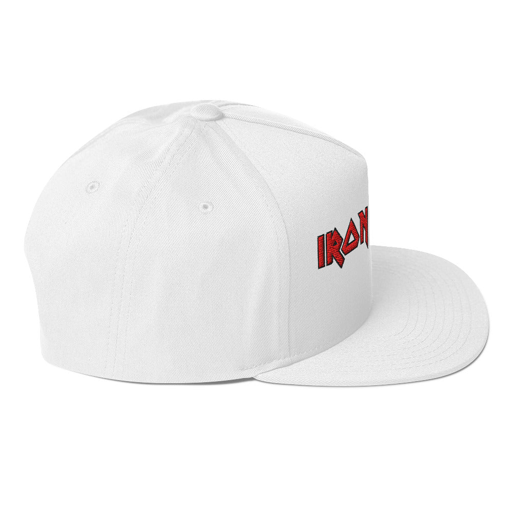 Opposite side view of the officially licensed Iron Maiden HD embroidered logo snapback hat in white with premium embroidered logo.