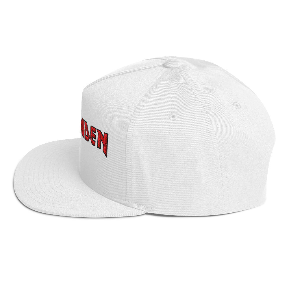 Side view of the officially licensed Iron Maiden HD embroidered logo snapback hat in white with adjustable fit.
