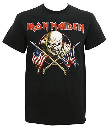 Black t-shirt with Iron Maiden logo featuring a skull and crossed flags on a white background