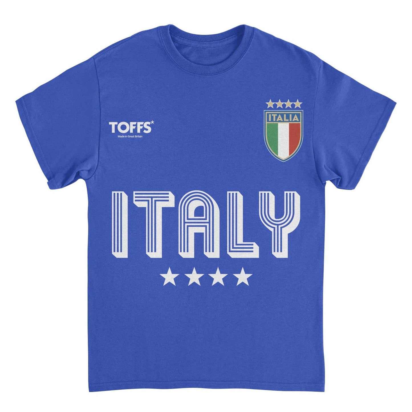 Italy royal blue retro soccer t-shirt with vintage futbol crest graphic