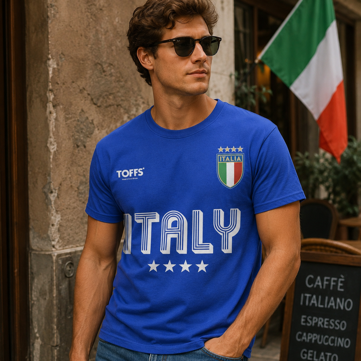 Male model wearing Italy royal blue retro soccer t-shirt outside an Italian cafe
