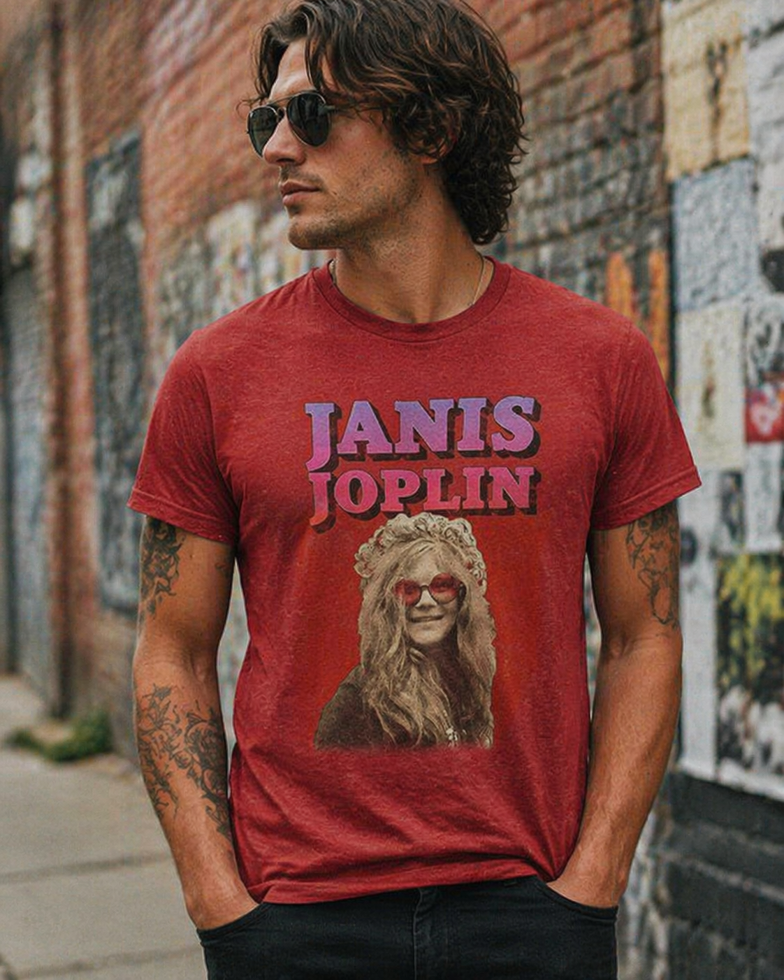 Male model wearing Janis Joplin rose graphic vintage band t-shirt street style lifestyle image