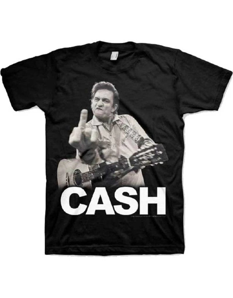 Black t-shirt with a graphic of a person playing guitar and the name 'Cash' on a white background
