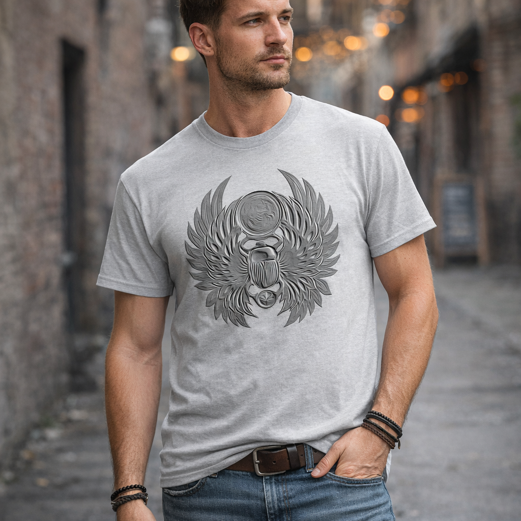 male model wearing Journey emboss scarab logo t-shirt ash grey officially licensed classic rock band tee lifestyle image