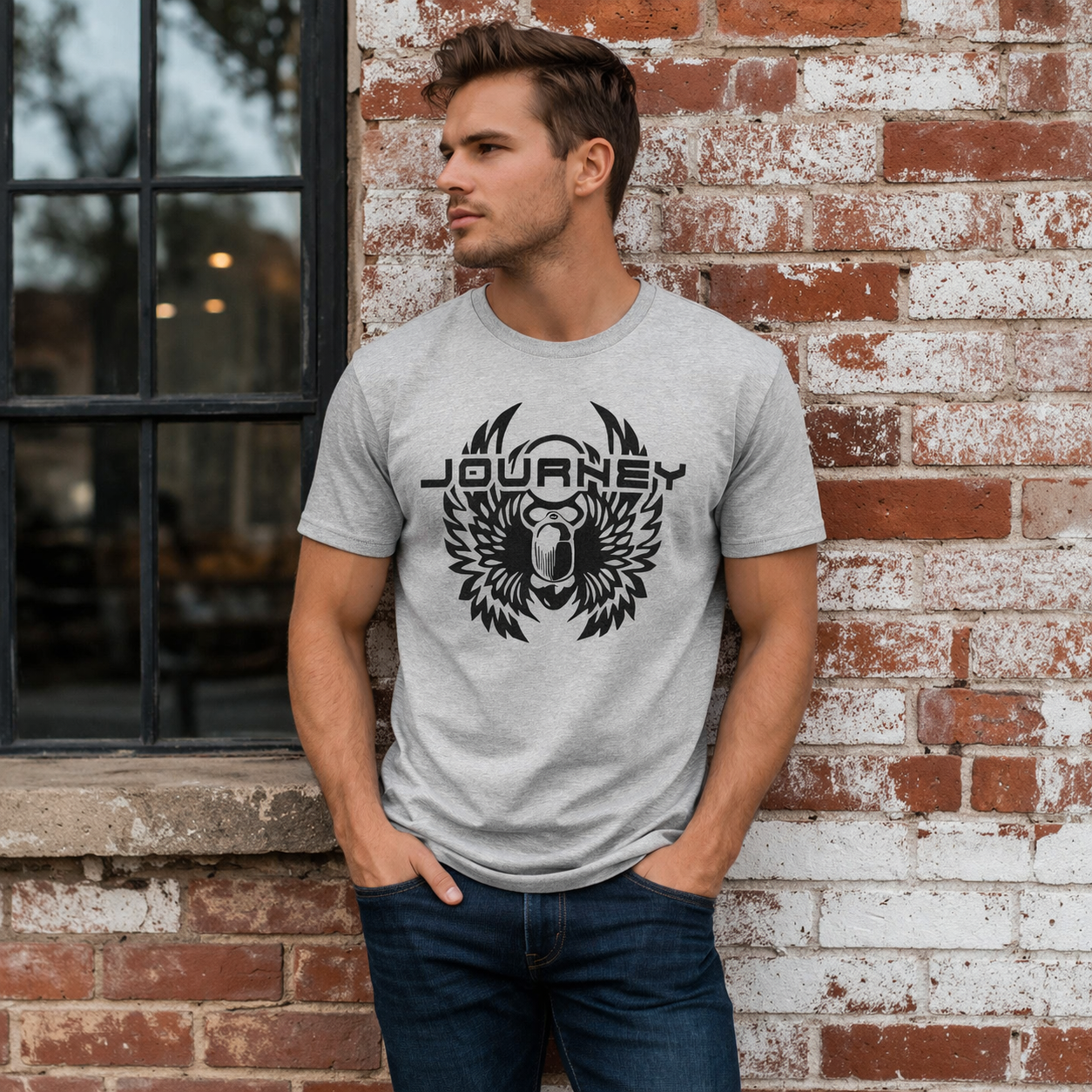 male model wearing journey scarab logo t shirt sport grey officially licensed classic rock band tee lifestyle image