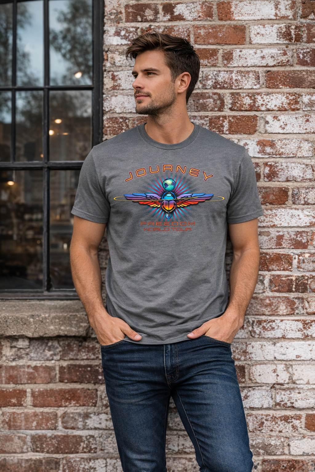 male model wearing journey scarab tour t shirt charcoal freedom world tour officially licensed band tee lifestyle image