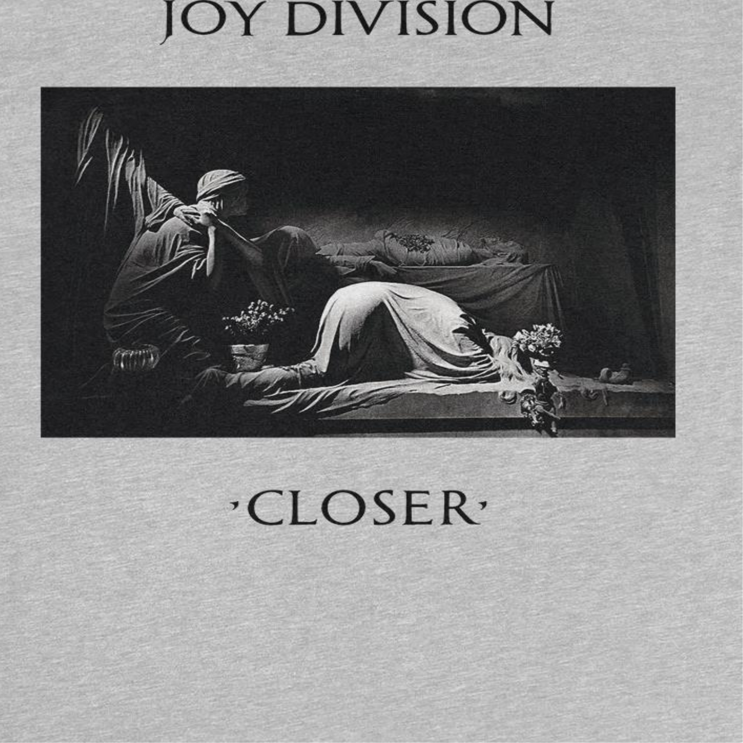 close up of Joy Division Closer album artwork on grey t shirt featuring iconic post punk design