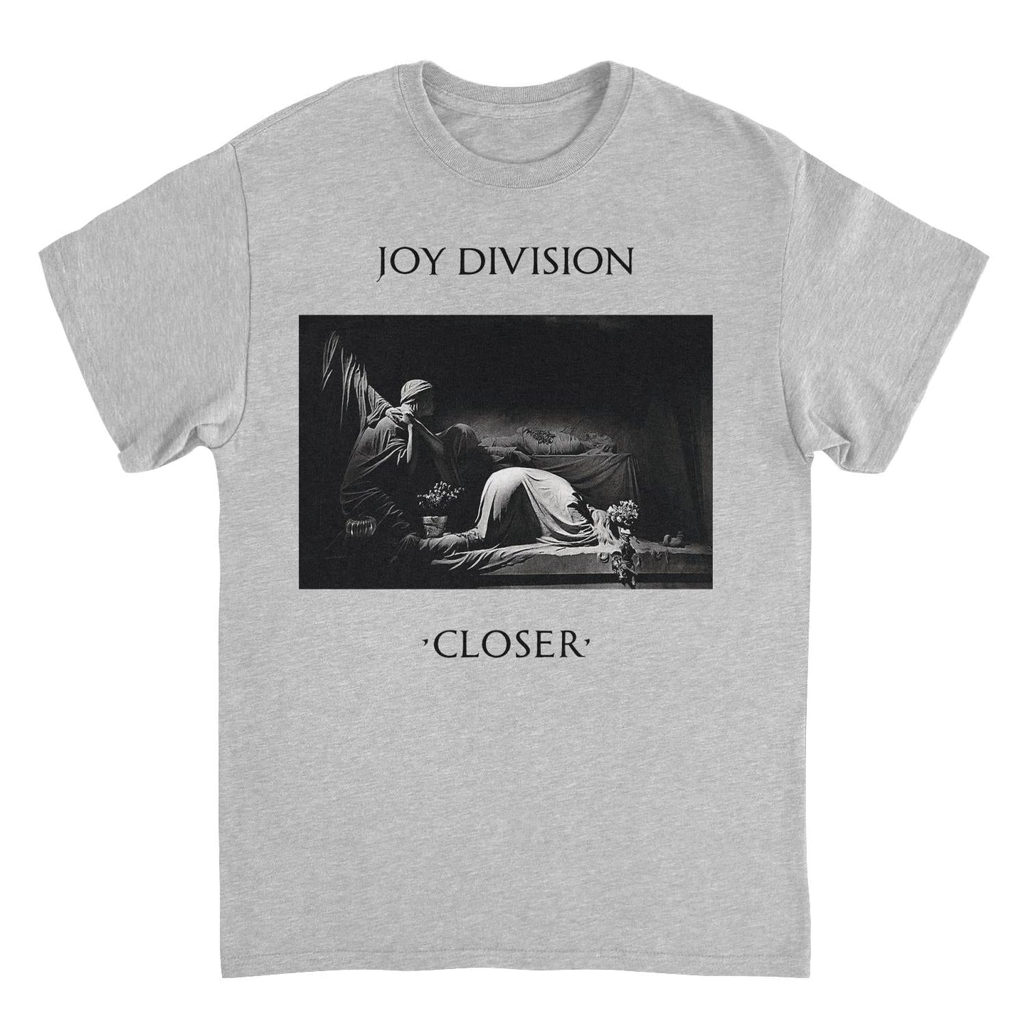 Joy Division Closer album t shirt featuring iconic post punk artwork on grey tee