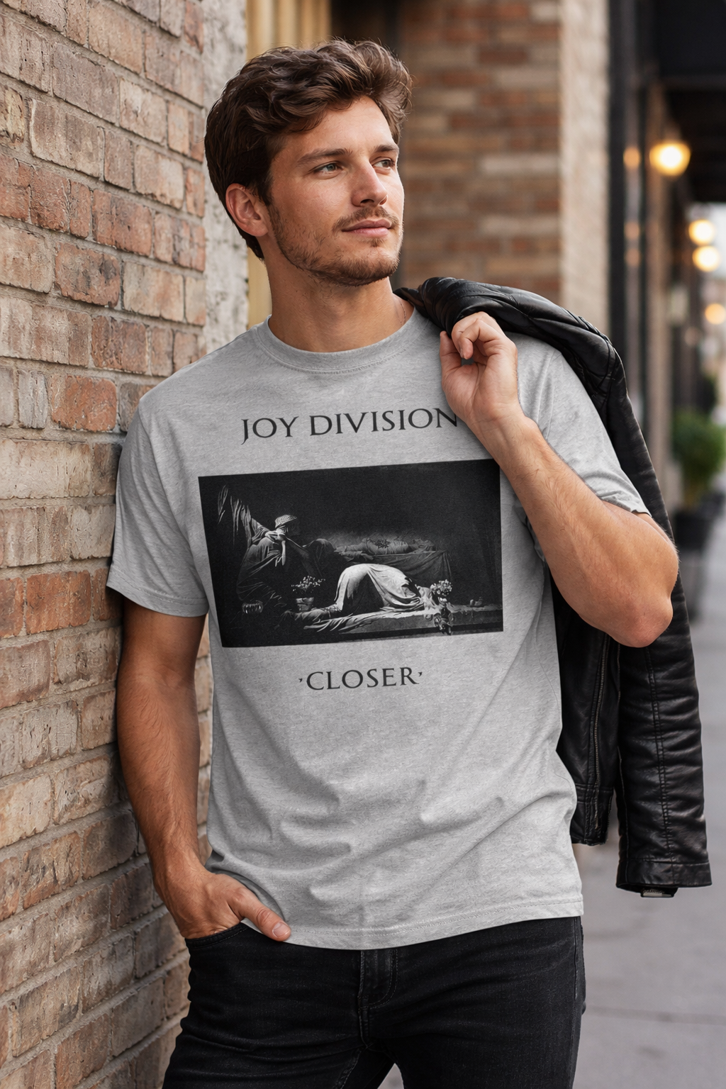 male model wearing Joy Division Closer album t shirt grey lifestyle streetwear post punk band tee