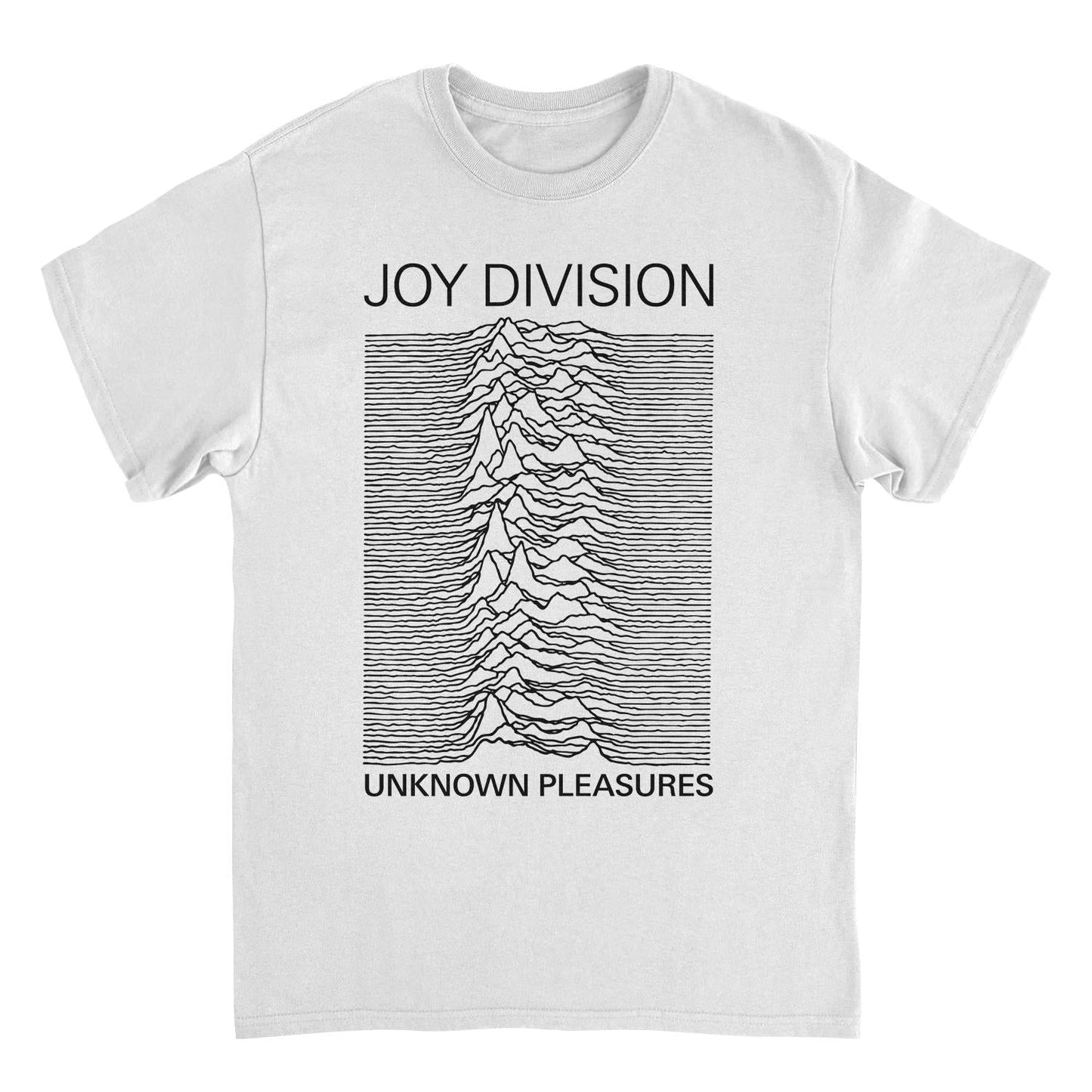 Joy Division Unknown Pleasures album cover t shirt featuring iconic waveform design on grey tee