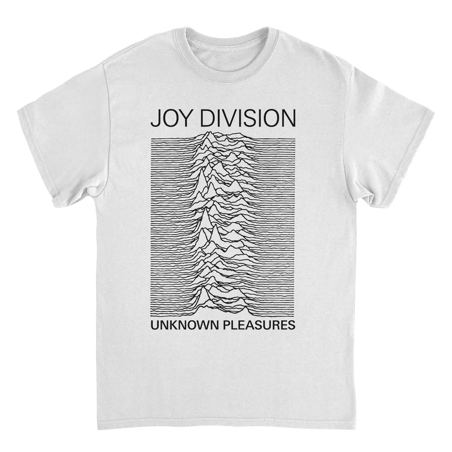 Joy Division Unknown Pleasures album cover t shirt featuring iconic waveform design on grey tee