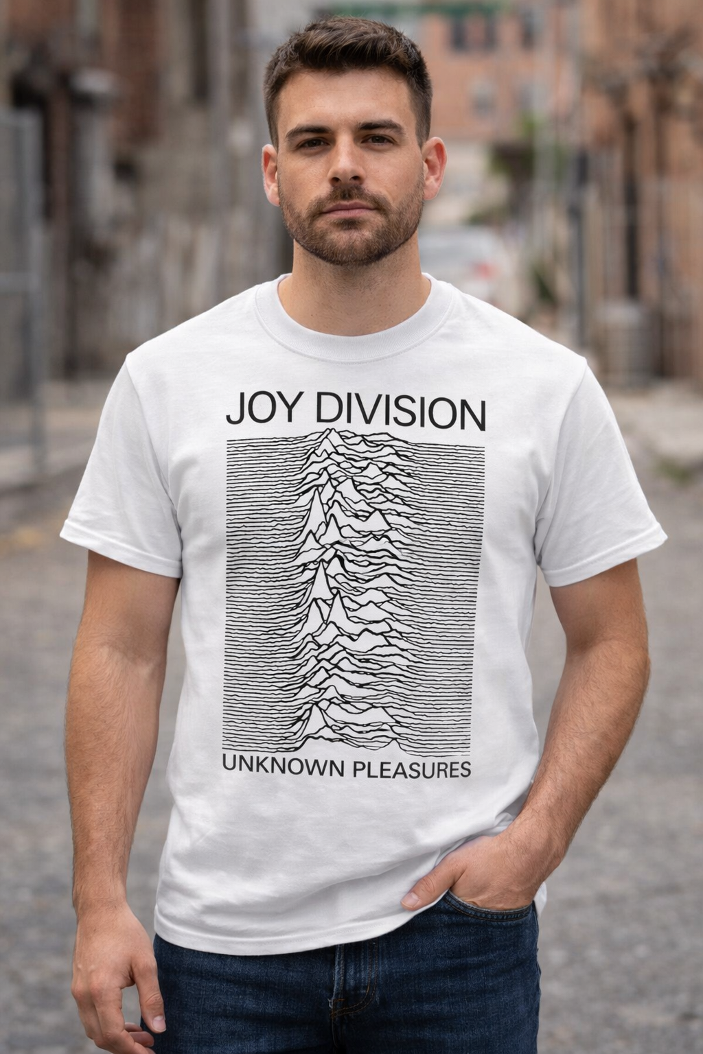 male model wearing Joy Division Unknown Pleasures album cover white t shirt with waveform design