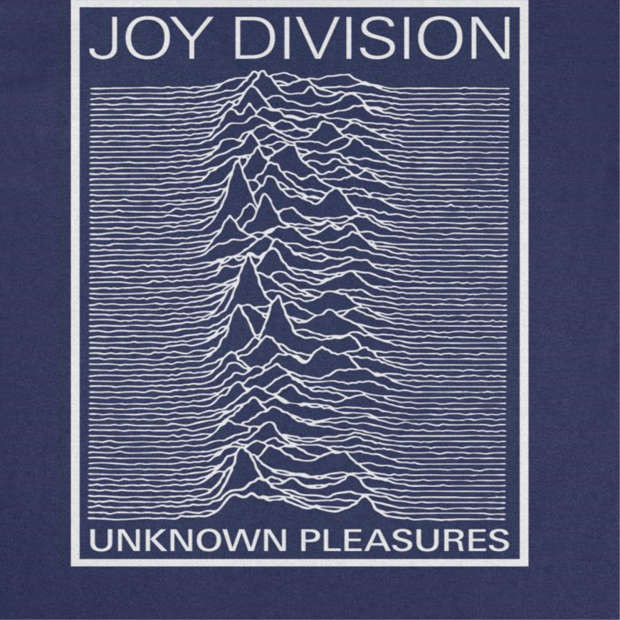 Joy Division Unknown Pleasures frame navy shirt close up of waveform album design