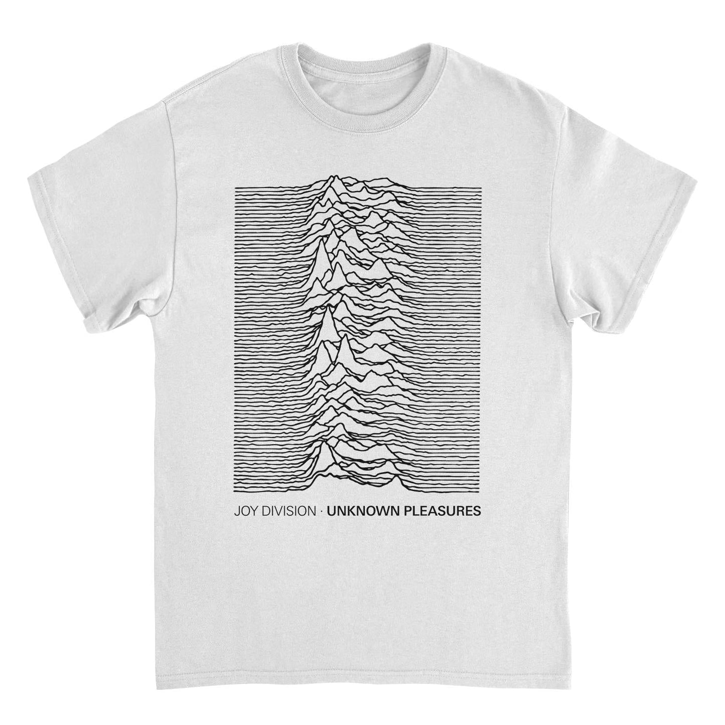 Joy Division Unknown Pleasures white t shirt featuring iconic waveform album design