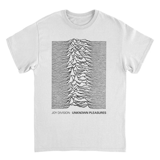 Joy Division Unknown Pleasures white t shirt featuring iconic waveform album design