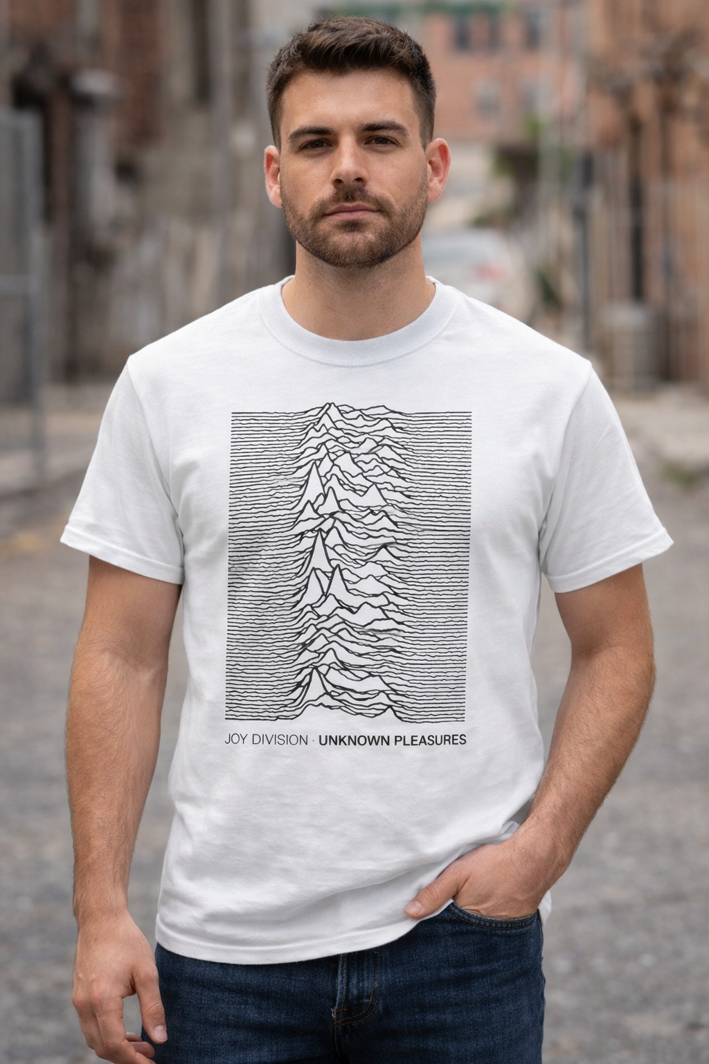 male model wearing Joy Division Unknown Pleasures white t shirt with iconic waveform design