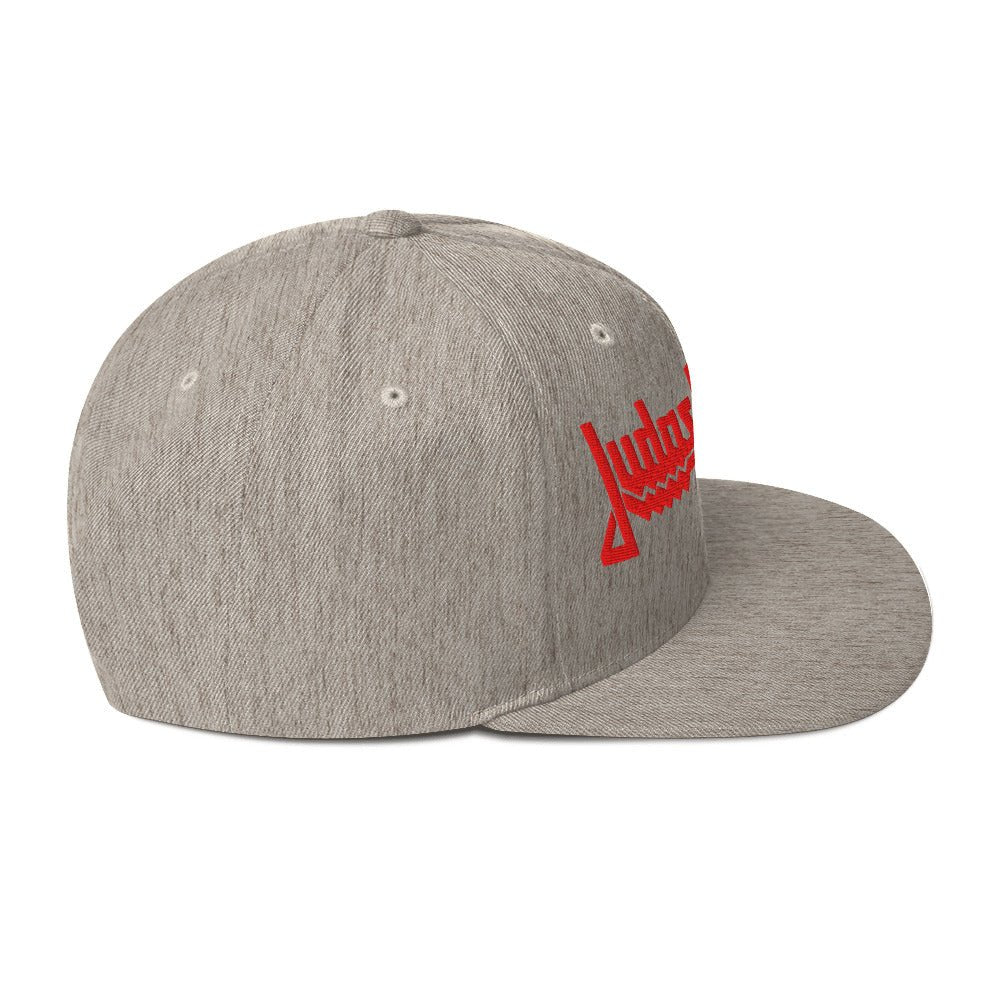 Right side view of the Officially Licensed Judas Priest Electric Logo Grey Snapback Hat featuring a premium embroidered logo, structured six-panel construction, and flat bill.