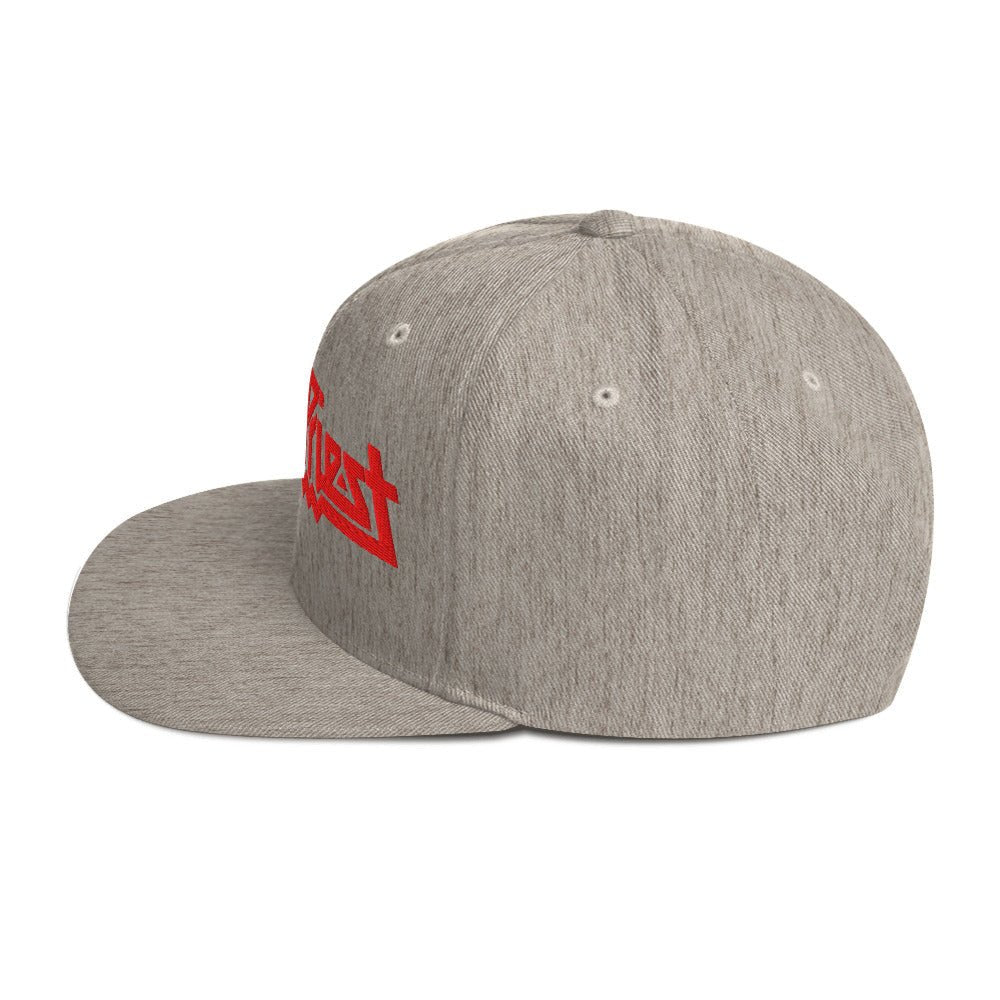 Side view of the Officially Licensed Judas Priest Electric Logo Grey Snapback Hat featuring a premium embroidered logo, structured six-panel design, and flat bill.