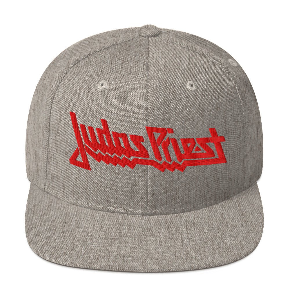 Officially Licensed Judas Priest Electric Logo Grey Snapback Hat with premium red embroidered logo and adjustable snapback closure.