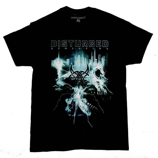 Black t-shirt with 'Disturbed' graphic design on a white background