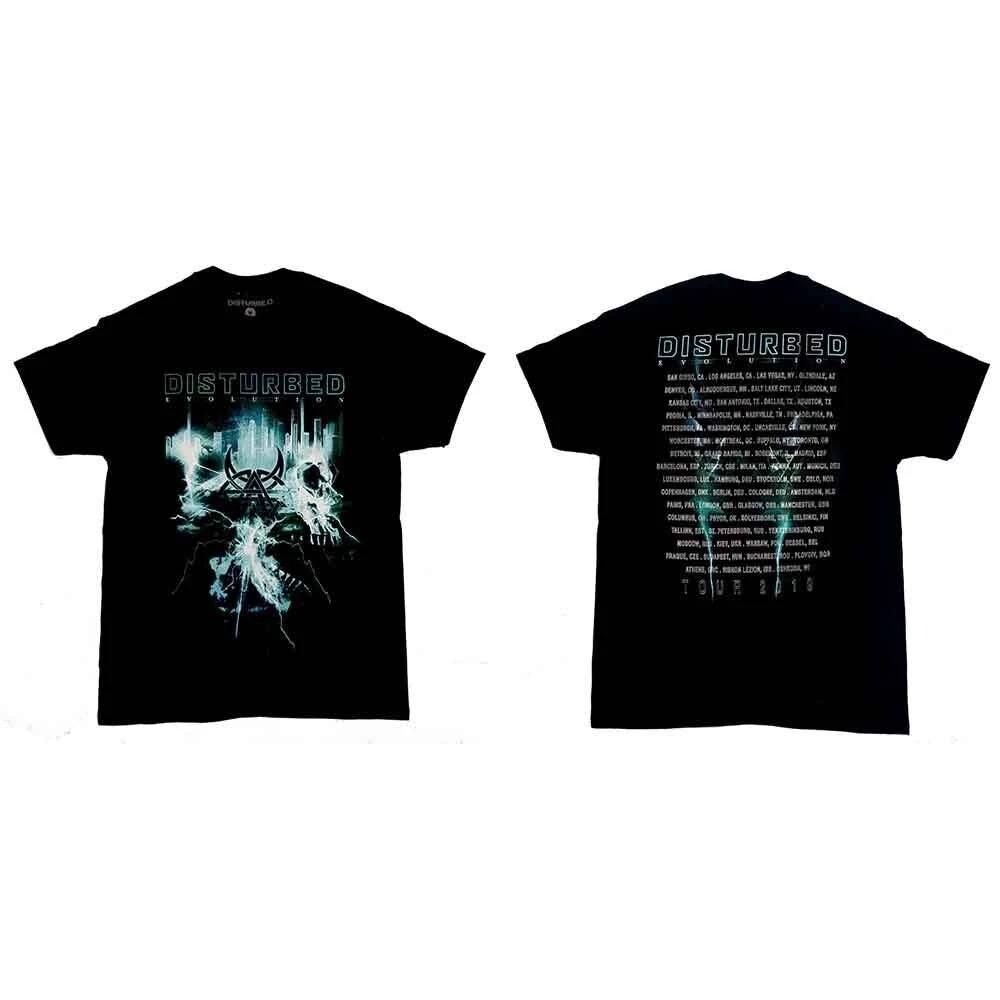 Black t-shirt with 'Disturbed' design on front and back