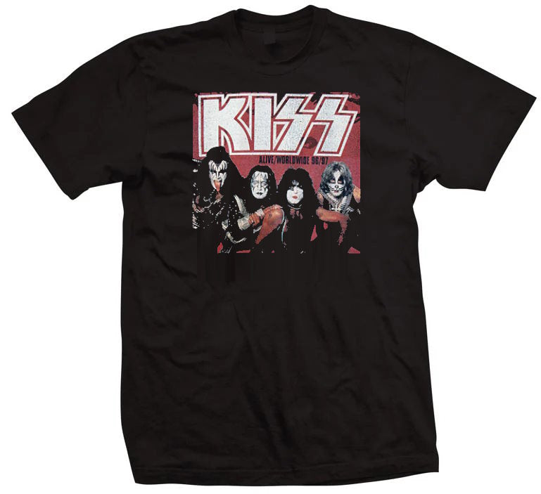 KISS Alive Worldwide 96/97 Tour black t-shirt featuring the iconic KISS logo and a vintage group photo of Gene Simmons, Paul Stanley, Ace Frehley, and Peter Criss from the reunion tour era.