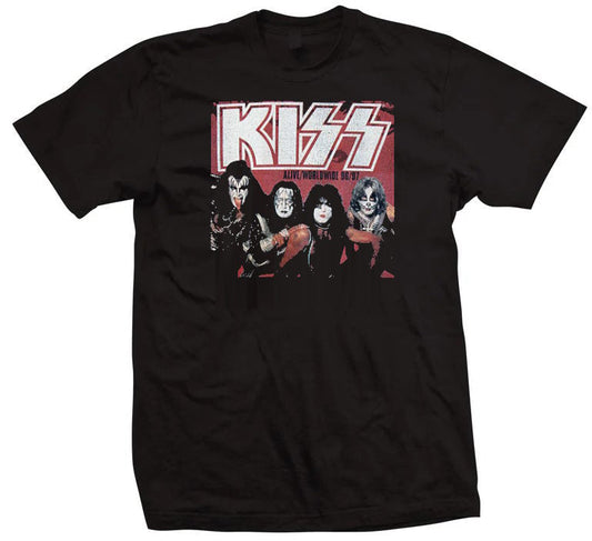KISS Alive Worldwide 96/97 Tour black t-shirt featuring the iconic KISS logo and a vintage group photo of Gene Simmons, Paul Stanley, Ace Frehley, and Peter Criss from the reunion tour era.