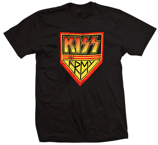 KISS Army logo black t-shirt featuring the iconic gold and red KISS Army shield design on a classic black graphic tee.