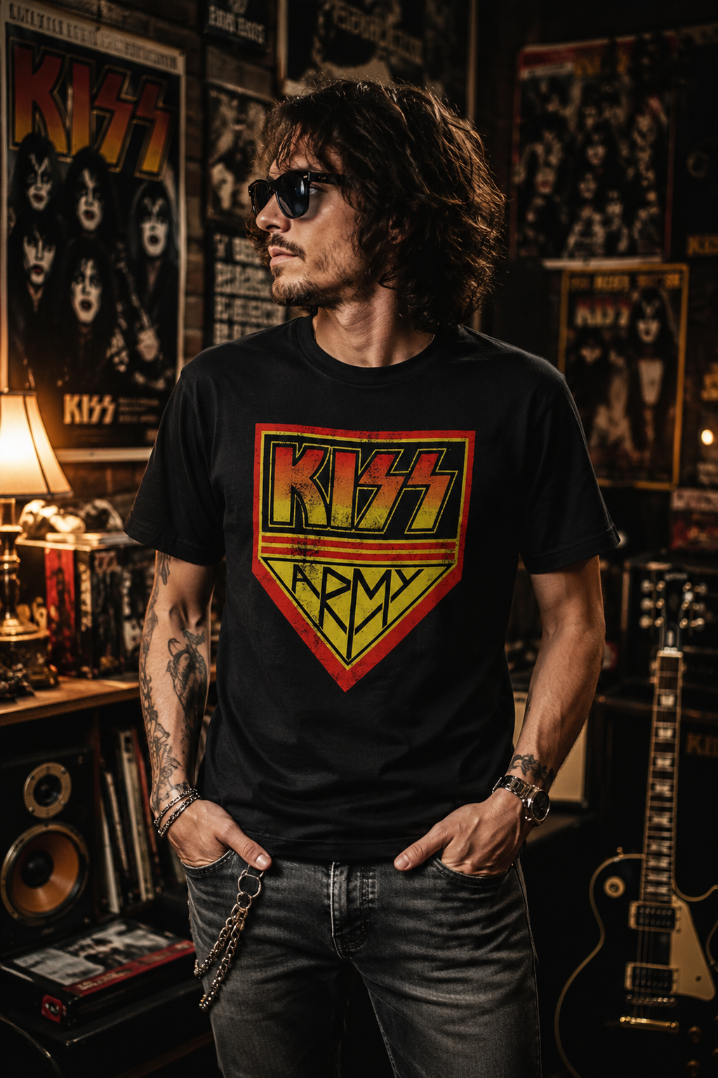 Male model wearing a KISS Army Logo T-Shirt in a vintage rock music room surrounded by KISS posters, guitars, and classic rock memorabilia, showcasing officially licensed KISS fan apparel.