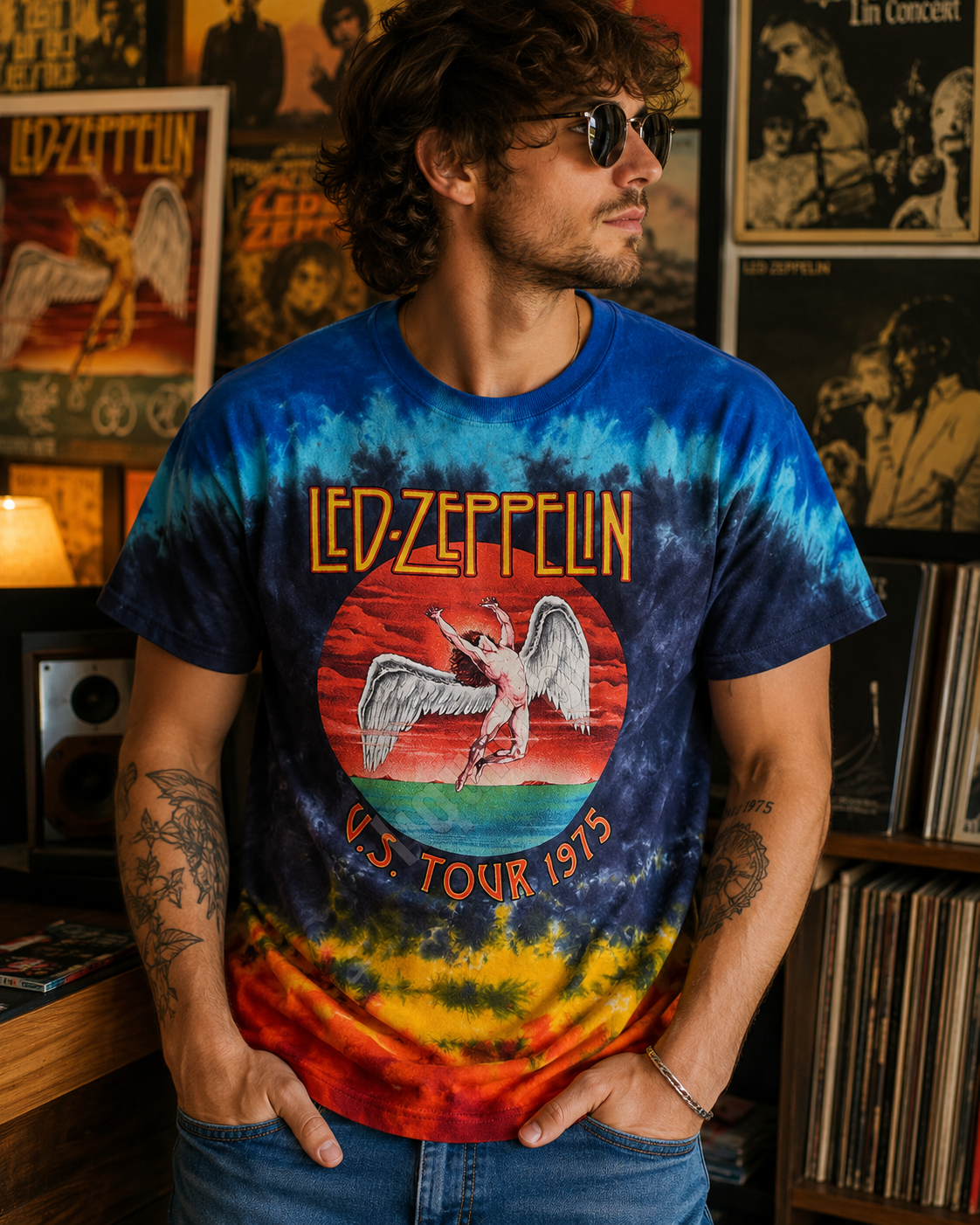 Male model wearing Led Zeppelin 1975 Tour Icarus tie-dye T-shirt in a vintage rock room