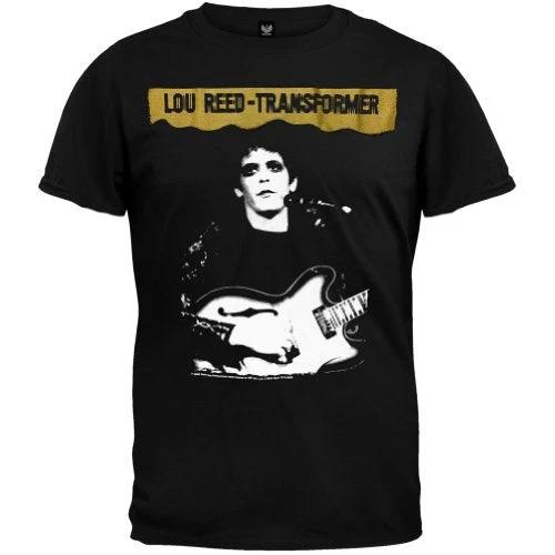 Black t-shirt with a graphic of Lou Reed playing guitar and 'Transformer' text on a white background