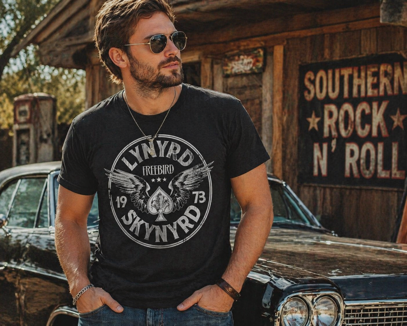 male model wearing Lynyrd Skynyrd 1973 Free Bird circle logo black t shirt outdoors with vintage car southern rock style