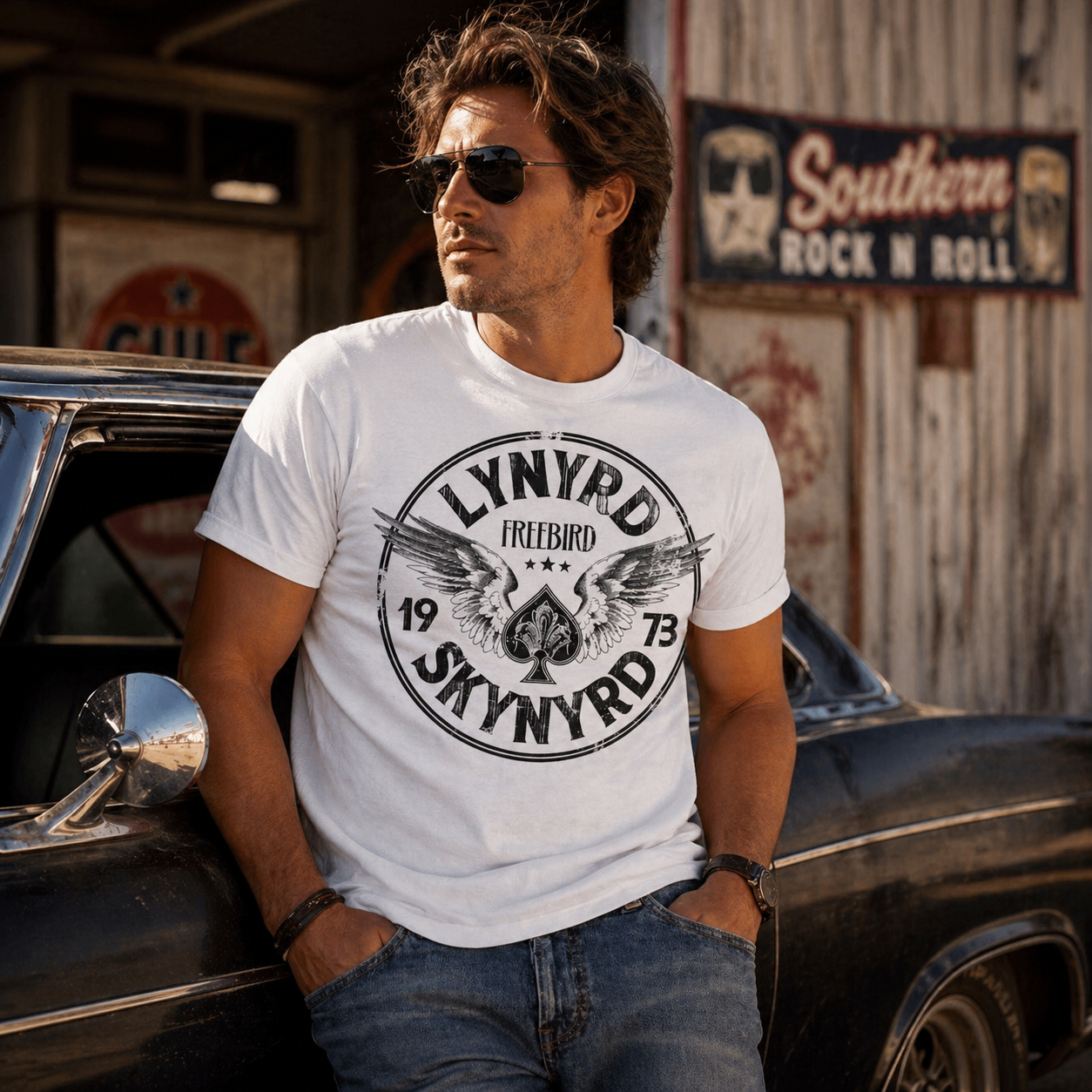 male model wearing Lynyrd Skynyrd 1973 Free Bird circle logo white t-shirt outdoors with vintage southern rock style