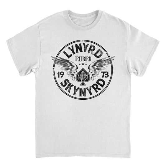 Lynyrd Skynyrd 1973 Free Bird circle logo white t shirt with wings vintage rock design