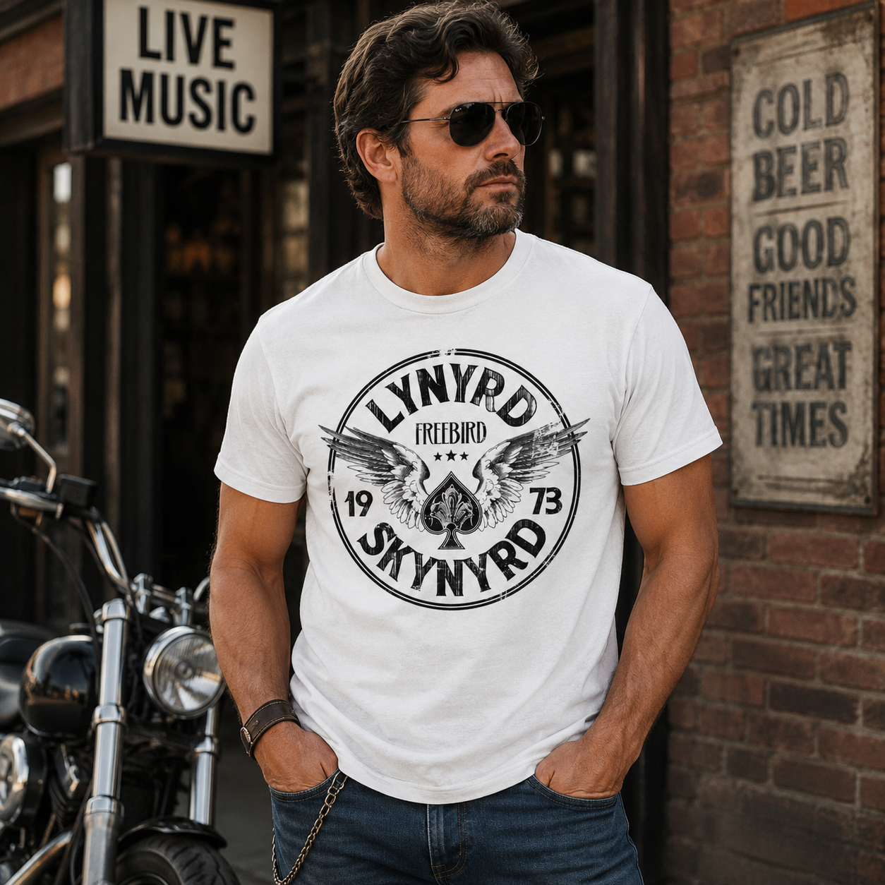 Male model wearing a Lynyrd Skynyrd 1973 Free Bird white t-shirt with winged circle logo artwork and vintage Southern rock style