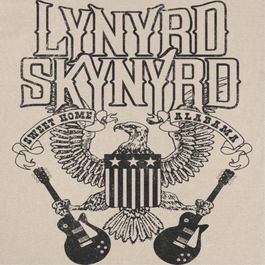 Close-up of Lynyrd Skynyrd Black Letters sand t-shirt showing distressed eagle and guitar artwork