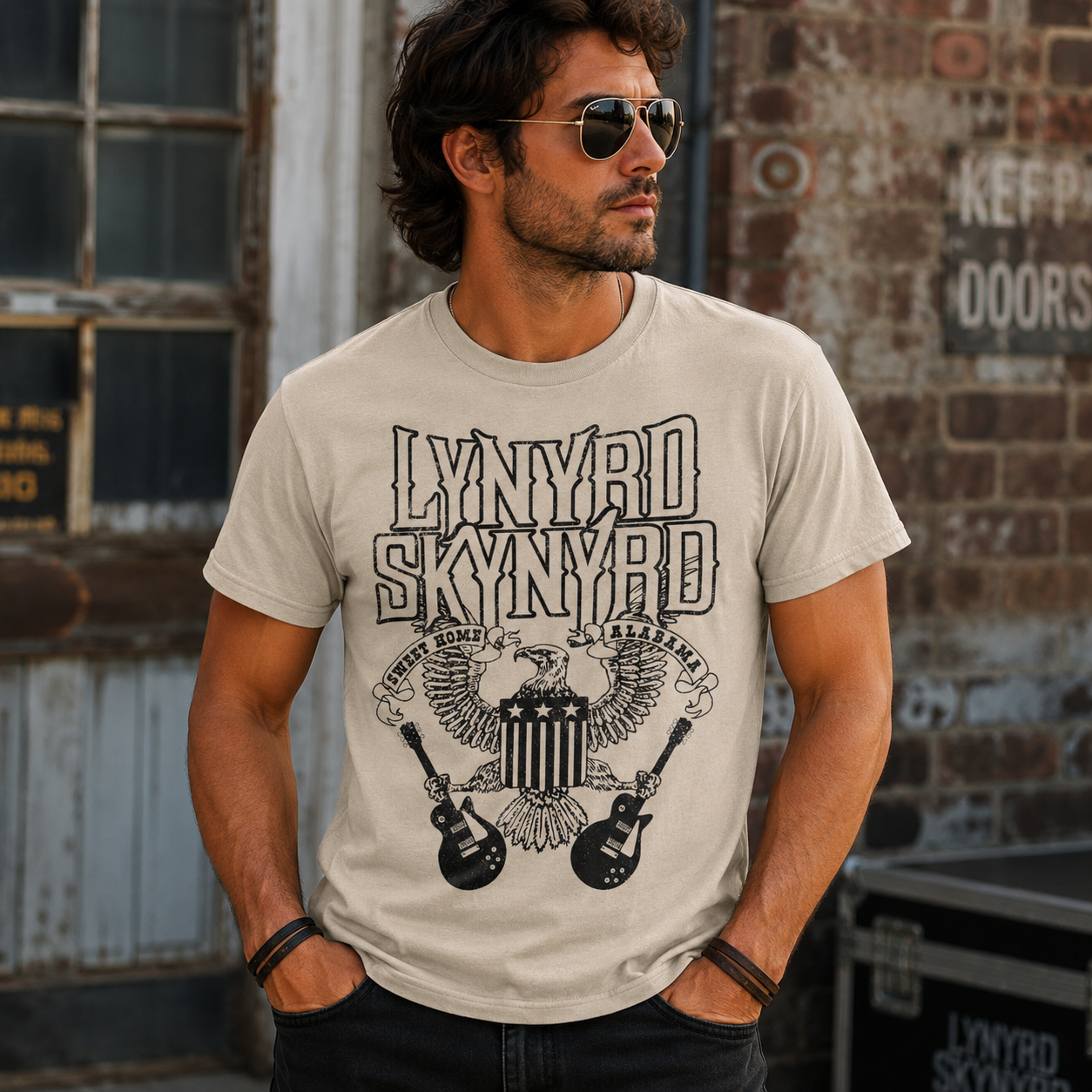 Male model wearing Lynyrd Skynyrd Black Letters sand t-shirt with eagle and guitar Southern rock artwork