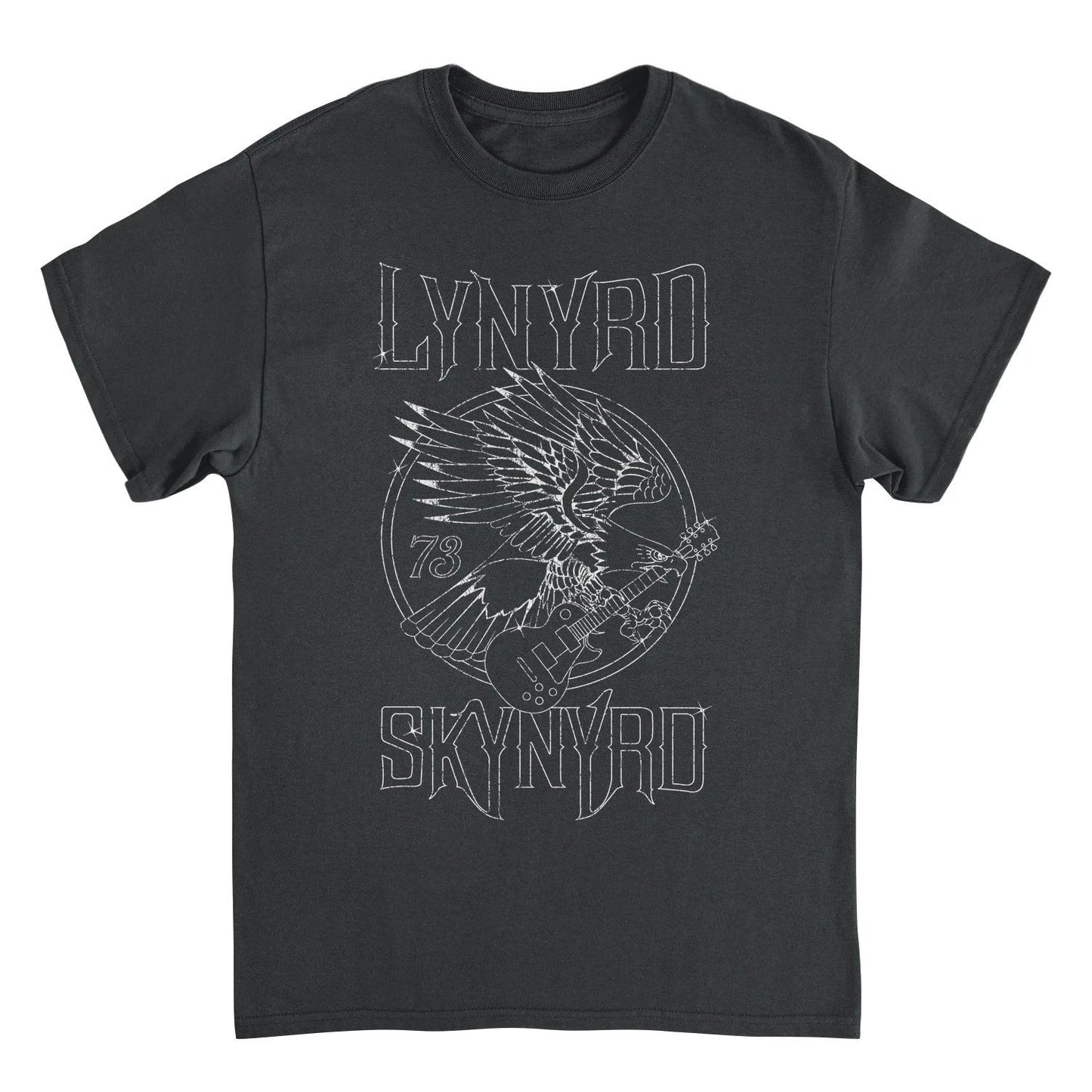 Lynyrd Skynyrd eagle guitar 73 black t shirt with vintage outline graphic front view