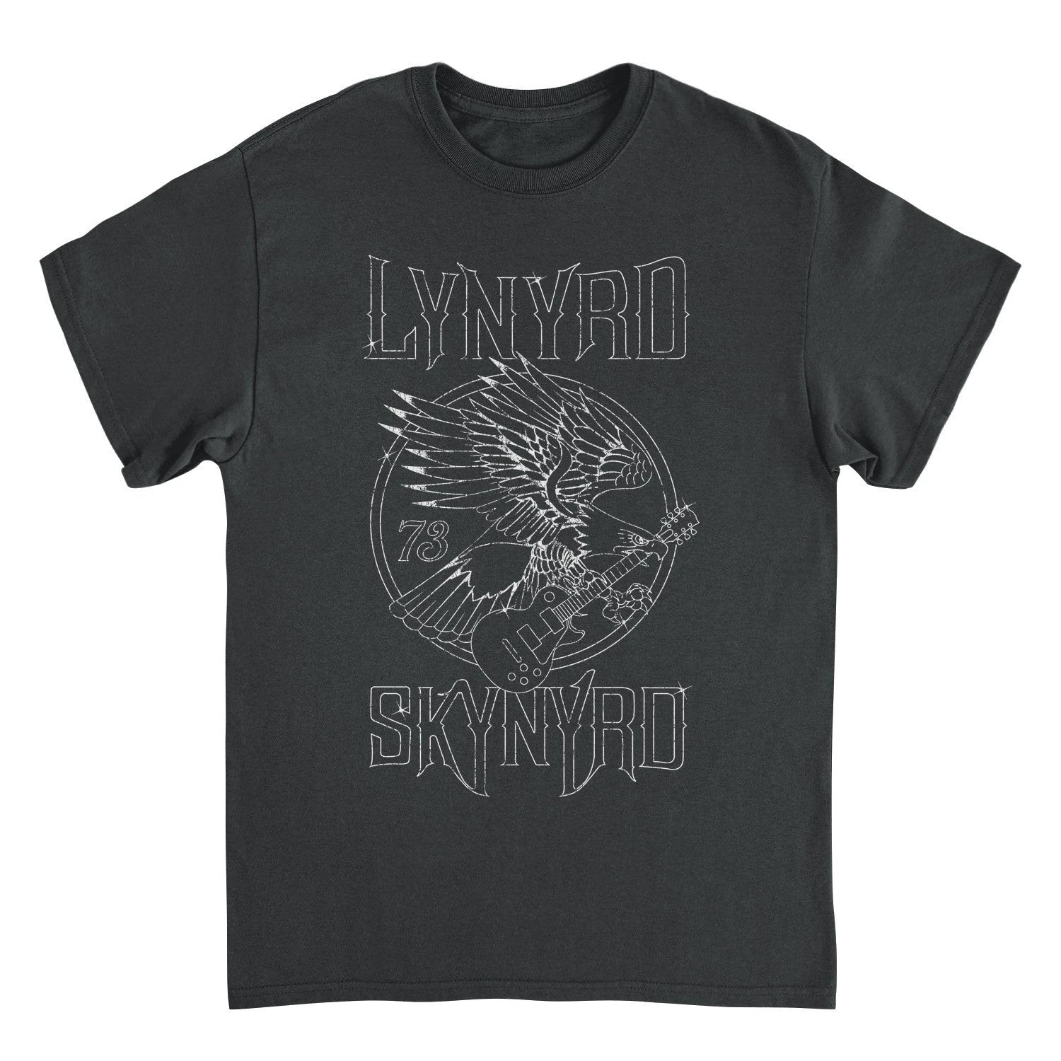Lynyrd Skynyrd eagle guitar 73 black t shirt with vintage outline graphic front view