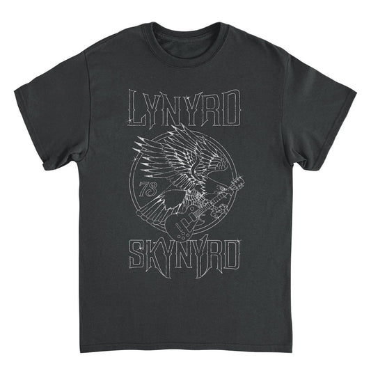 Lynyrd Skynyrd eagle guitar 73 black t shirt with vintage outline graphic front view