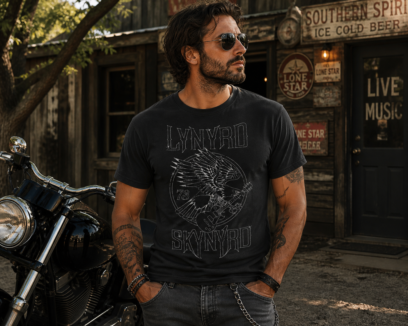 Lynyrd Skynyrd Eagle Guitar 73 black t-shirt worn by male model standing next to motorcycle outside rustic bar Southern rock style