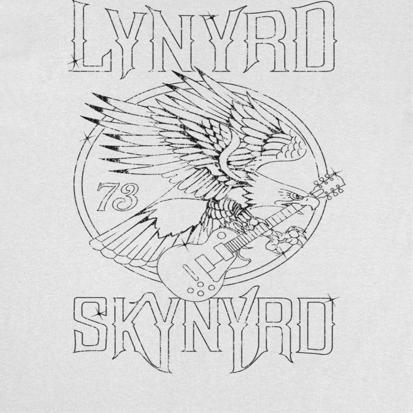 Close up of Lynyrd Skynyrd eagle guitar 73 design on white t-shirt with vintage outline graphic