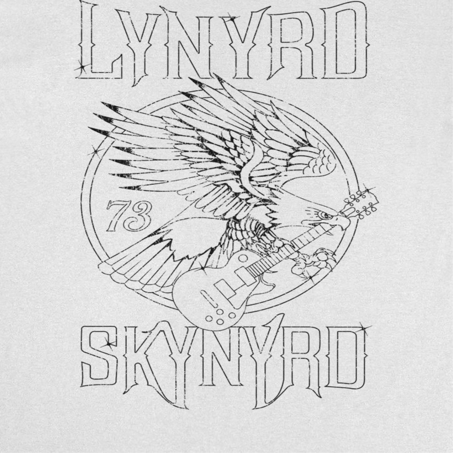 Close up of Lynyrd Skynyrd eagle guitar 73 design on white t-shirt with vintage outline graphic