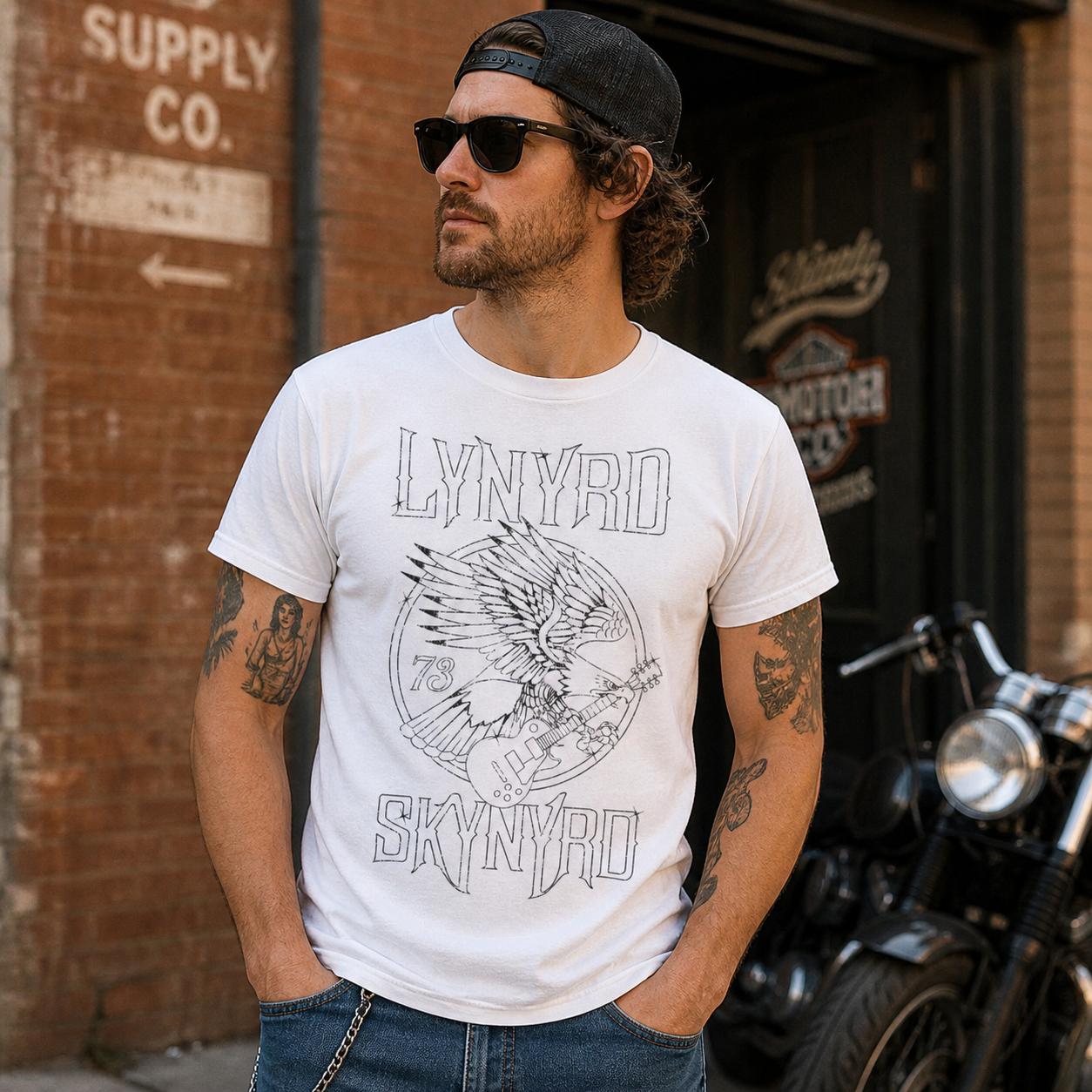 Male model wearing Lynyrd Skynyrd eagle guitar 73 white t-shirt standing near motorcycle in urban street setting