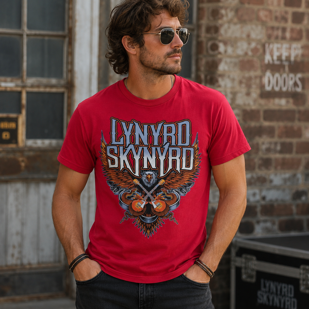 Male model wearing Lynyrd Skynyrd Eagle Guitar red t-shirt with bold Southern rock artwork