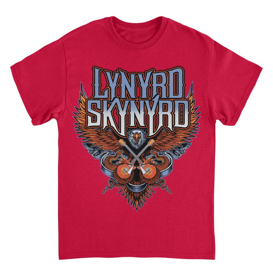 Lynyrd Skynyrd Eagle Guitar red t-shirt with bold eagle and crossed guitar Southern rock artwork
