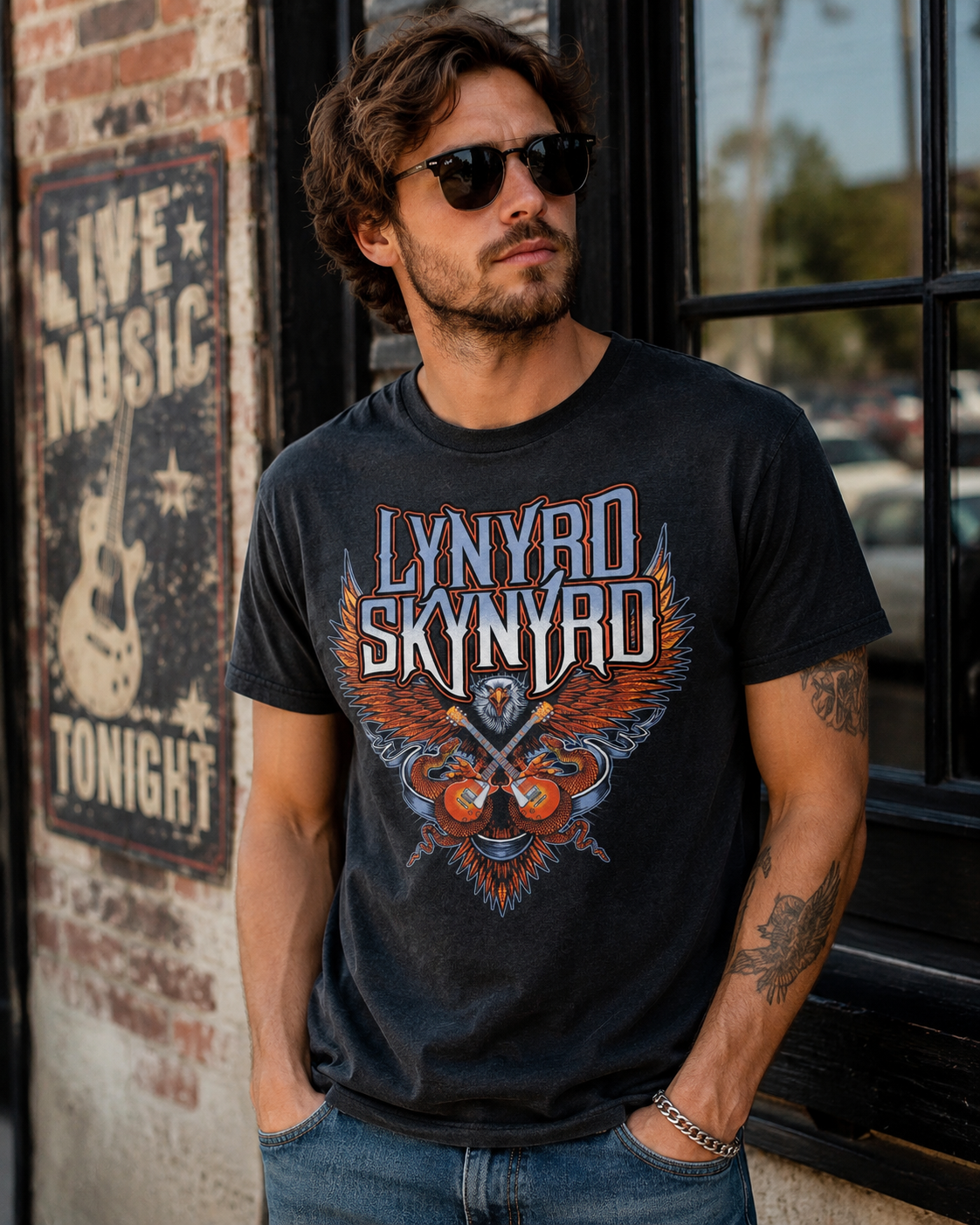 Male model wearing Lynyrd Skynyrd Eagle Guitar black t-shirt outside vintage live music venue with classic southern rock style