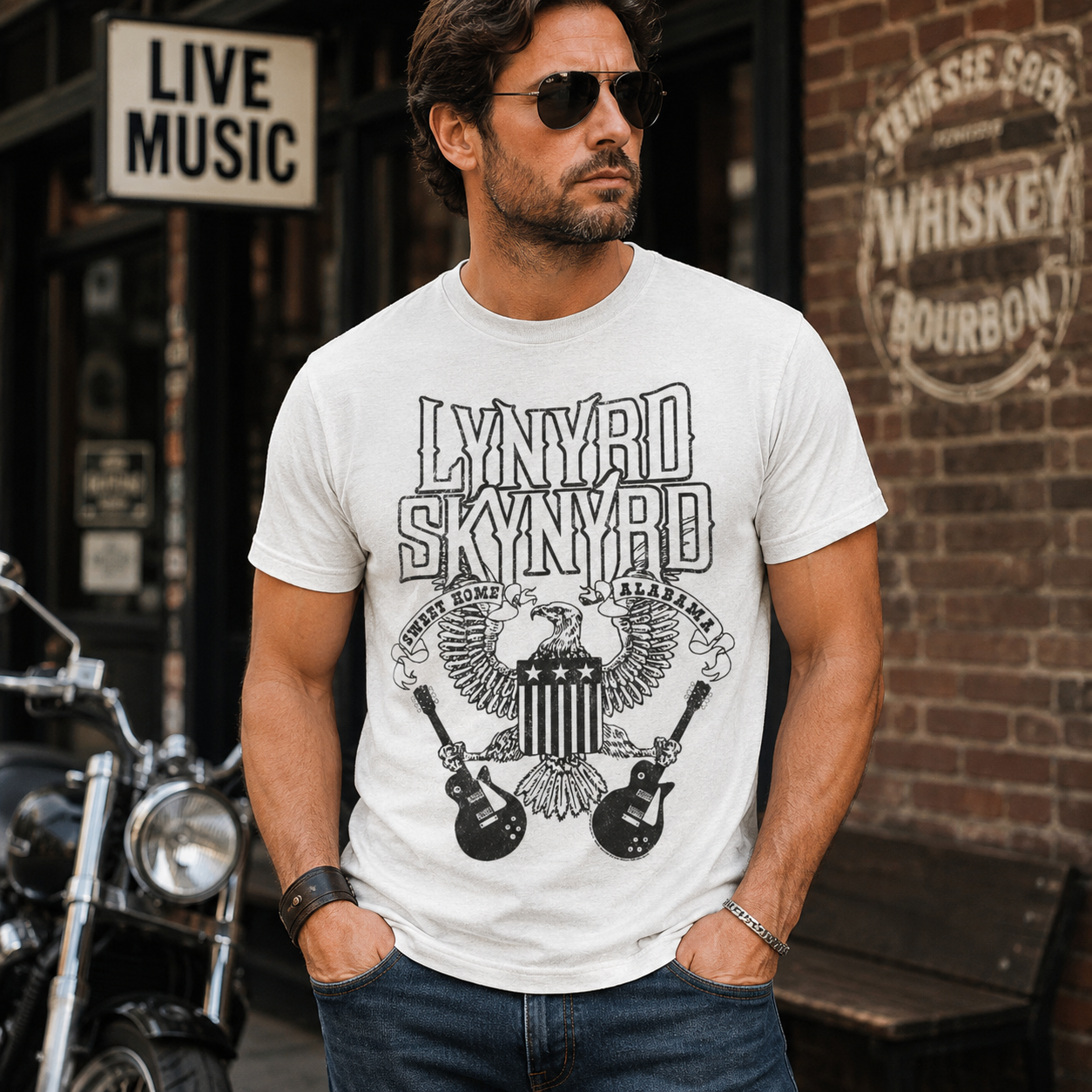 Male model wearing a Lynyrd Skynyrd eagle shield white t-shirt with guitar artwork and vintage Southern rock style