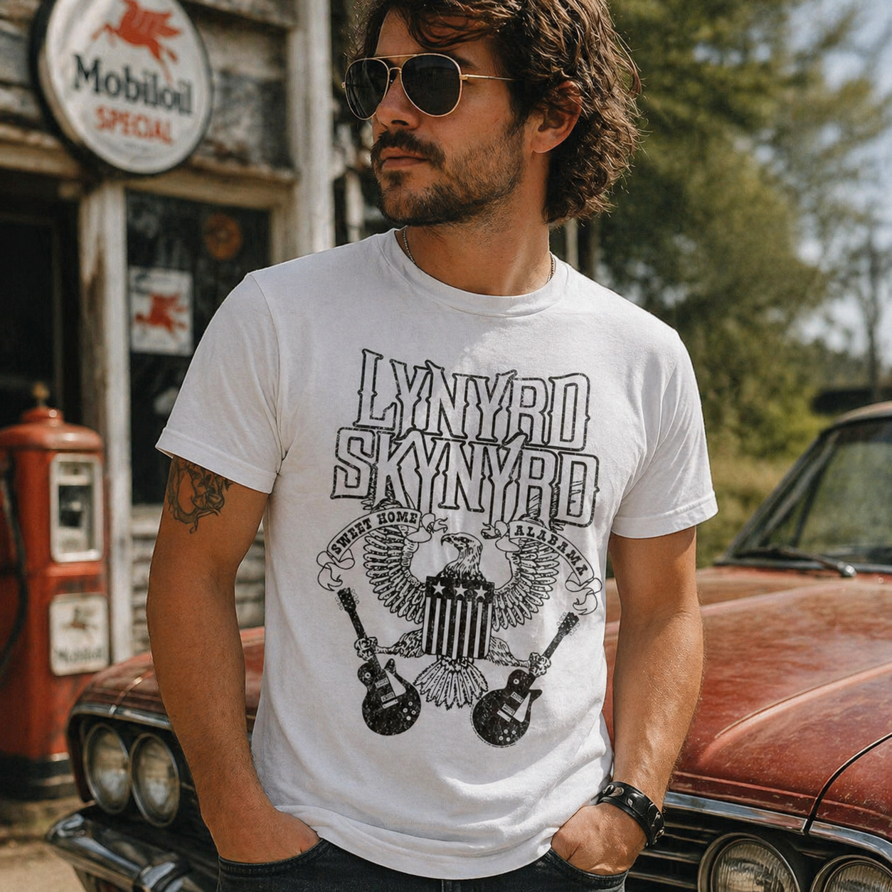male model wearing Lynyrd Skynyrd eagle shield white t shirt outdoors with vintage car southern rock style